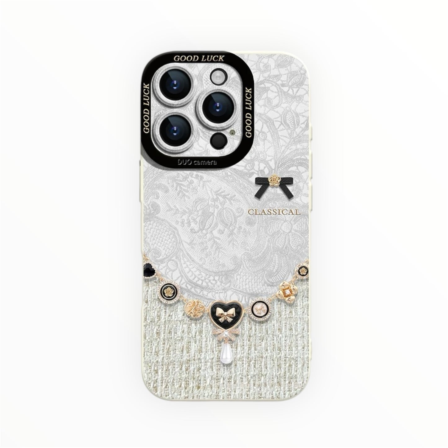 Elegant Lace Pearl Tweed Phone Case – Vintage French Style