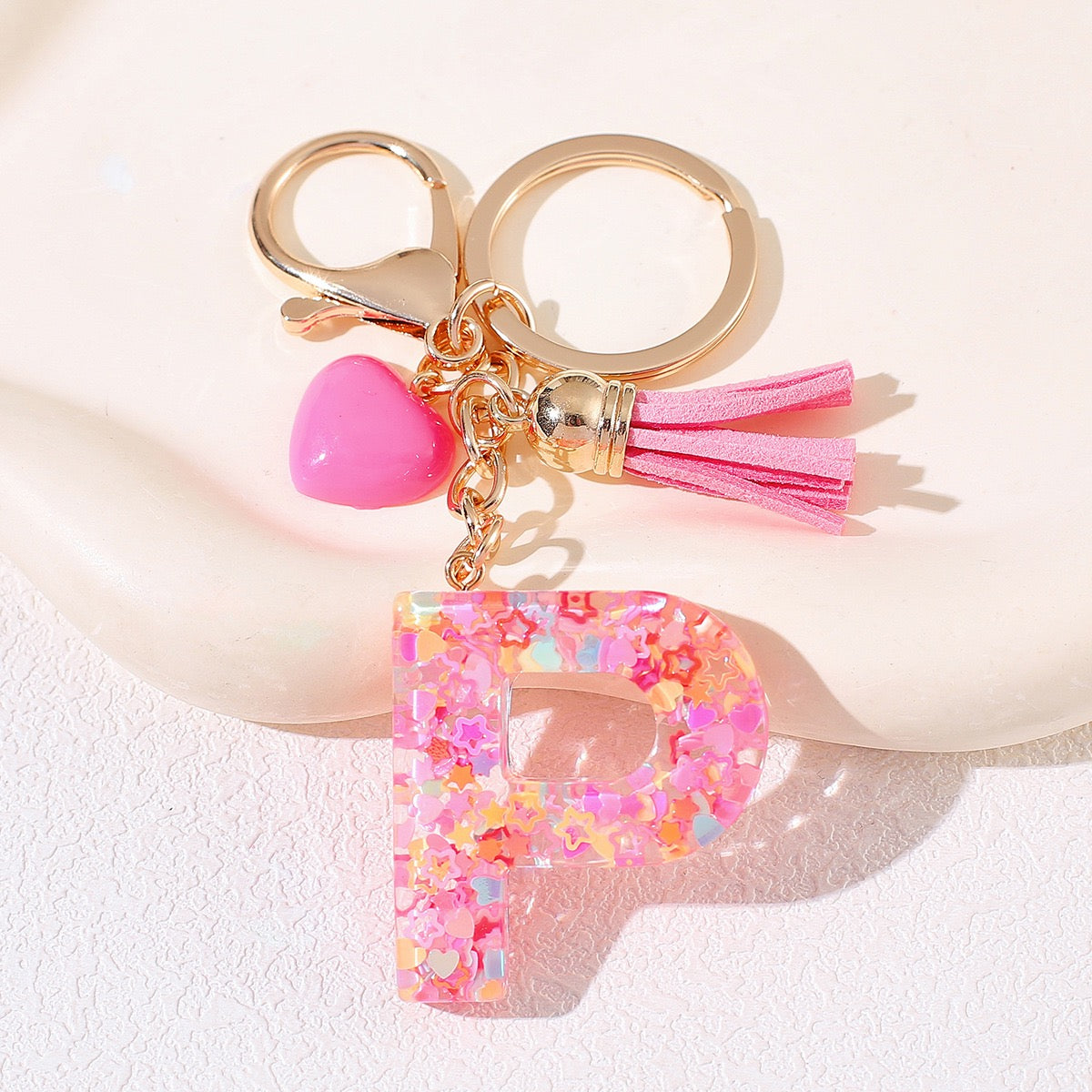 Pink Glitter Resin Initial Keychain – Heart & Tassel Charm