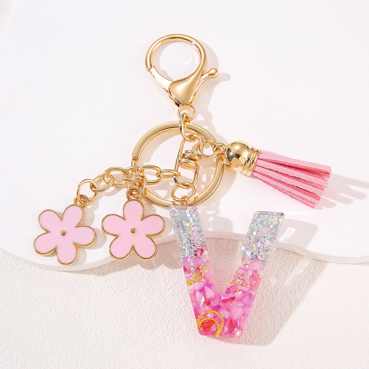 Glitter Resin Letter Keychain – Pink Flower & Tassel Charm V Boutique Studio