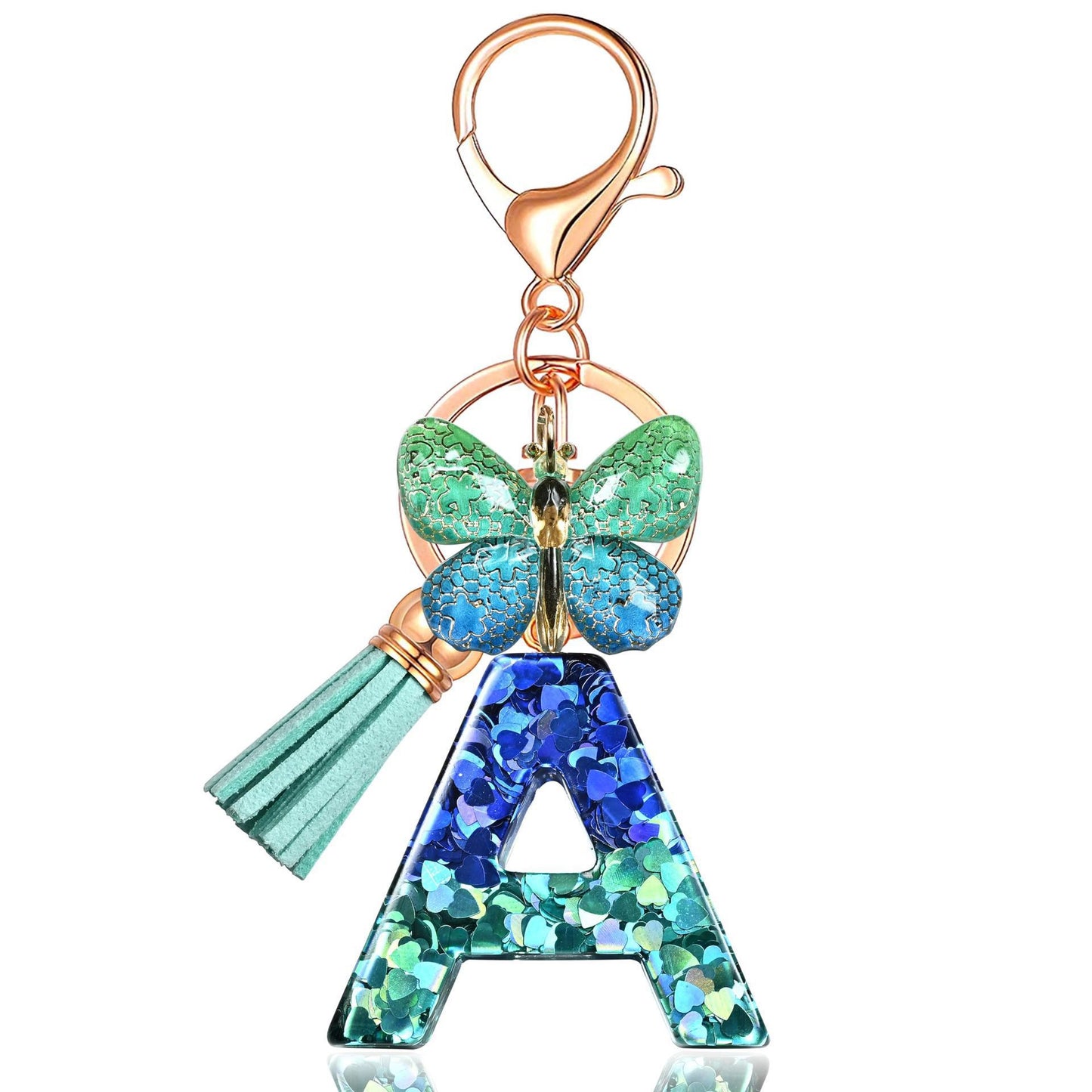 Blue-Green Resin Initial Keychain – Butterfly & Tassel Charm Gift