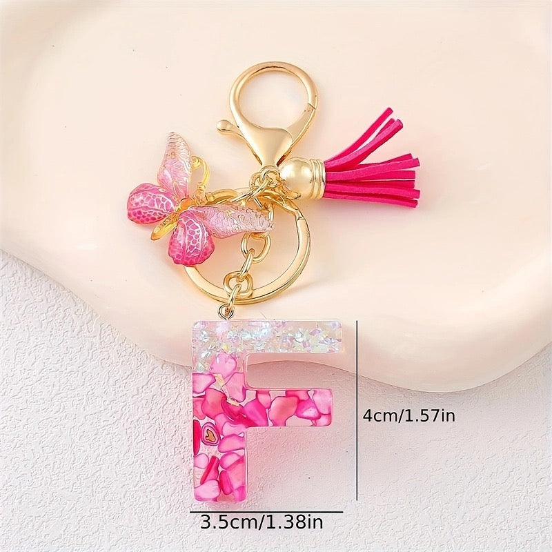 Hot Pink Glitter Resin Initial Keychain – Butterfly & Tassel Bag Charm