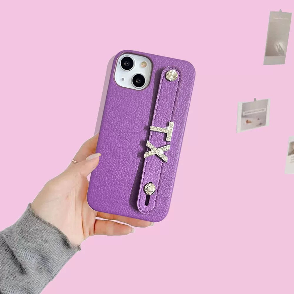 Custom Name Leather Phone Case – Rhinestone Letter Strap Design