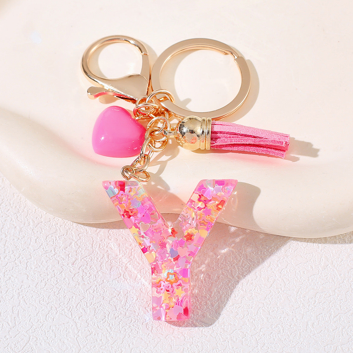 Pink Glitter Resin Initial Keychain – Heart & Tassel Charm