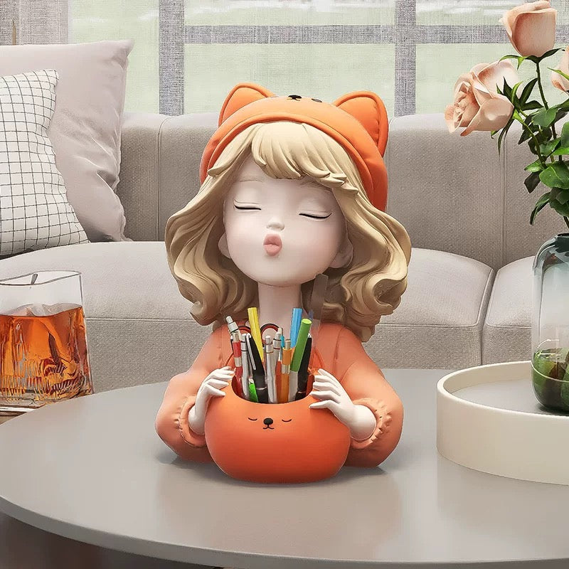 Cute Girl Pen Holder Desk Ornament