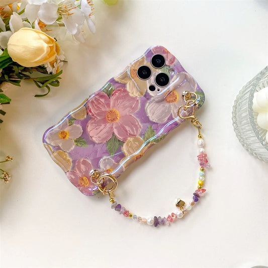 Purple Floral iPhone Case with Beaded Strap – 3D Design & Aesthetic Gift