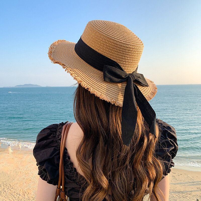 Women’s Straw Sun Hat with Bow – Wide Brim Summer Beach Hat, UV Protection