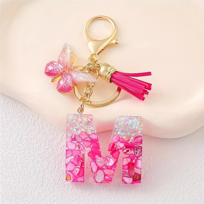 Hot Pink Glitter Resin Initial Keychain – Butterfly & Tassel Bag Charm