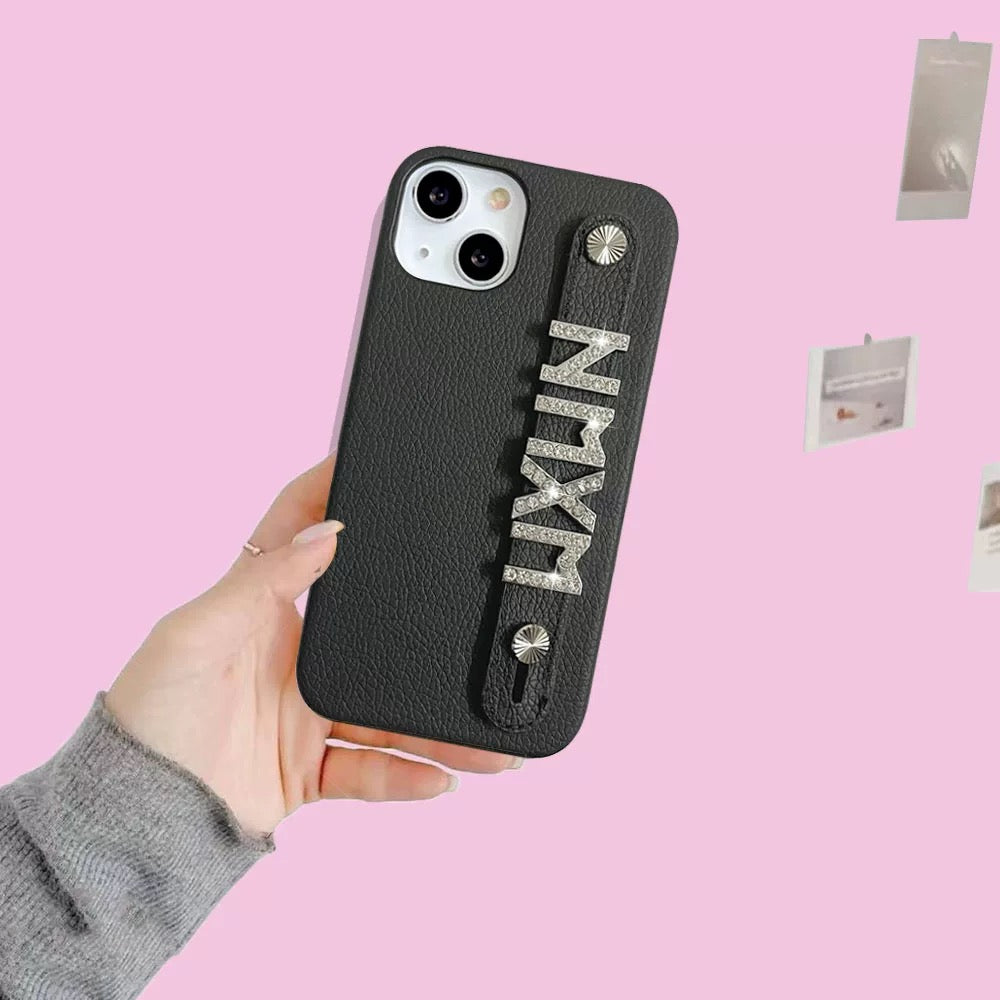 Custom Name Leather Phone Case – Rhinestone Letter Strap Design