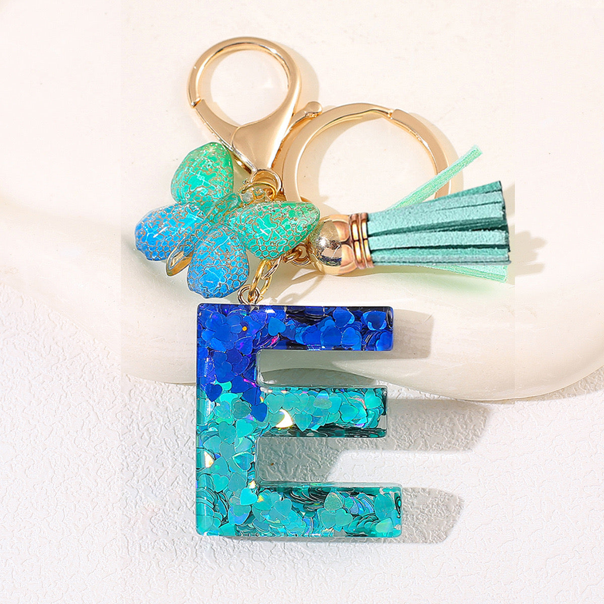 Glitter Resin Letter Keychain – Blue & Green Butterfly Charm