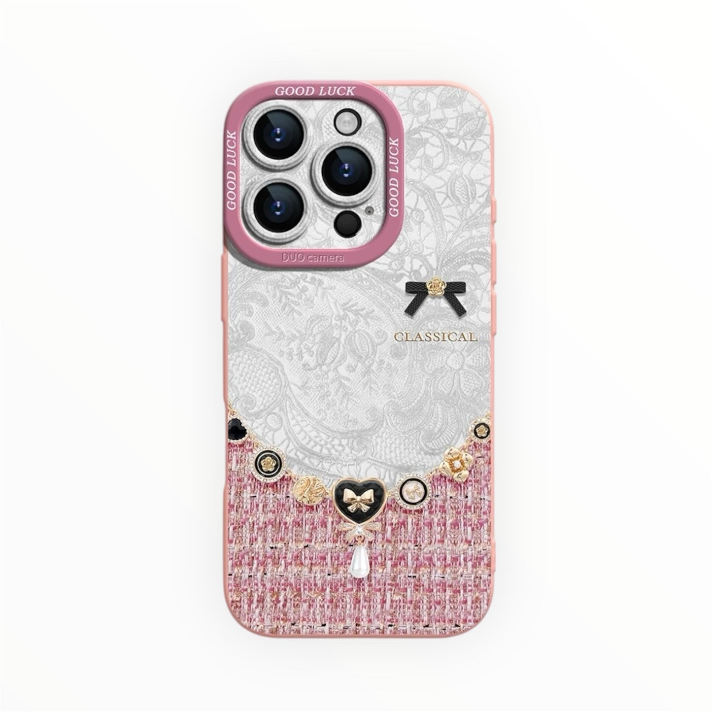Elegant Lace Pearl Tweed Phone Case – Vintage French Style