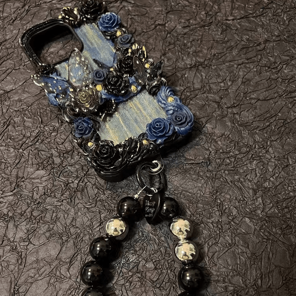 Handmade Luxury Cream Glue Sea Blue Butterfly Rose Phone Case V Boutique Studio