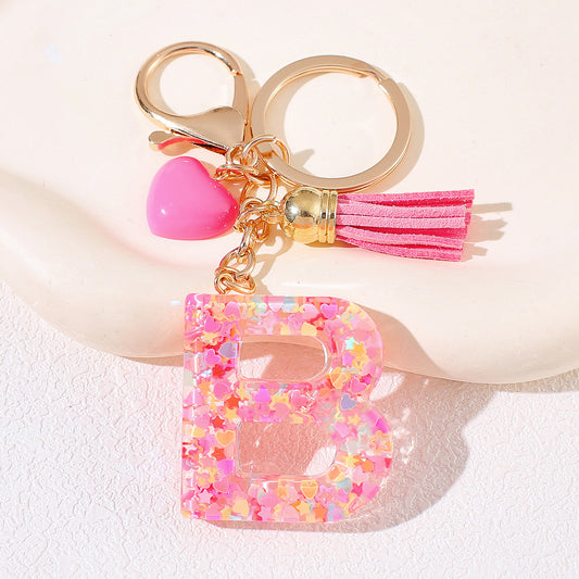 Pink Glitter Resin Initial Keychain – Heart & Tassel Charm