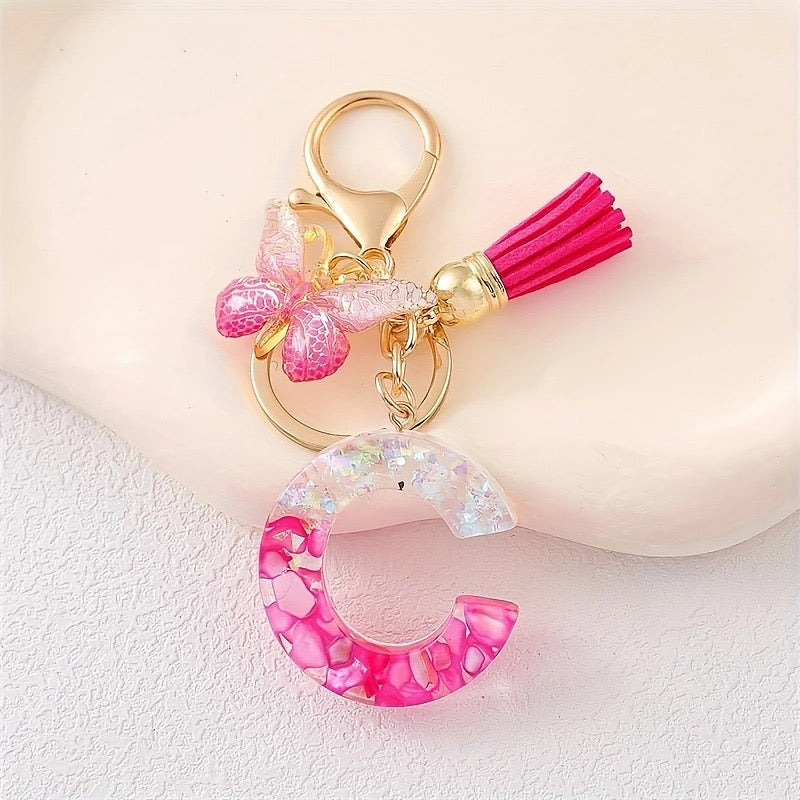 Hot Pink Glitter Resin Initial Keychain – Butterfly & Tassel Bag Charm
