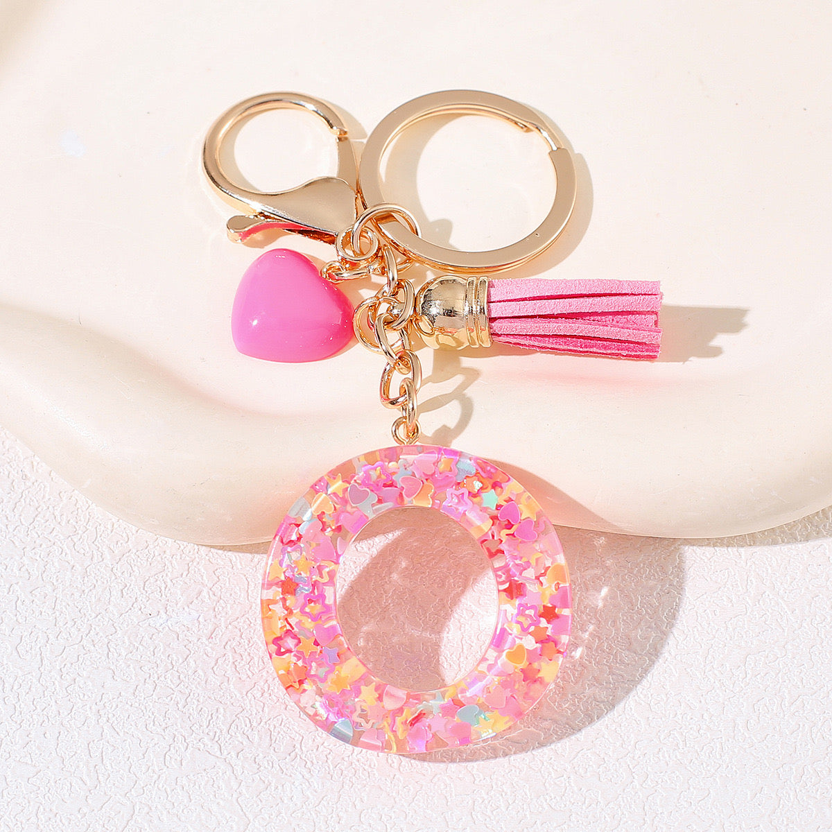 Pink Glitter Resin Initial Keychain – Heart & Tassel Charm