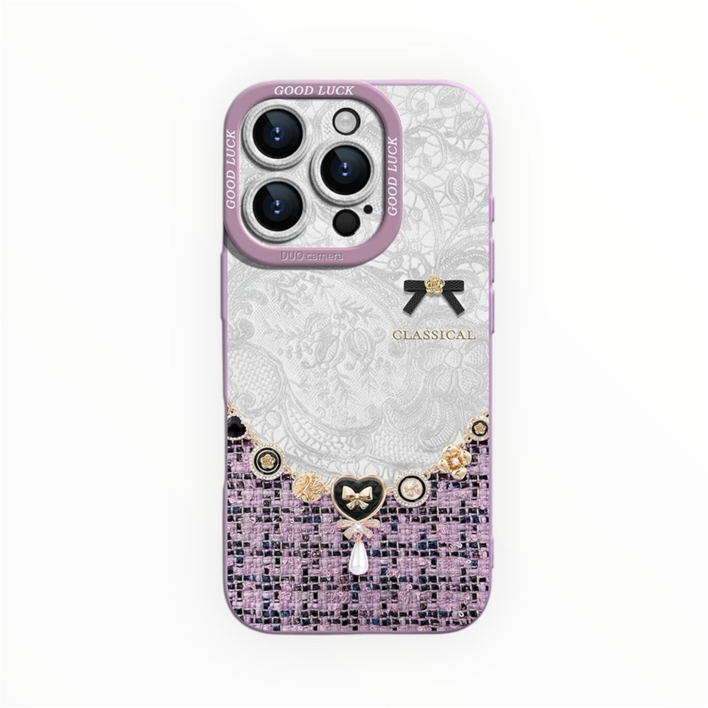 Elegant Lace Pearl Tweed Phone Case – Vintage French Style