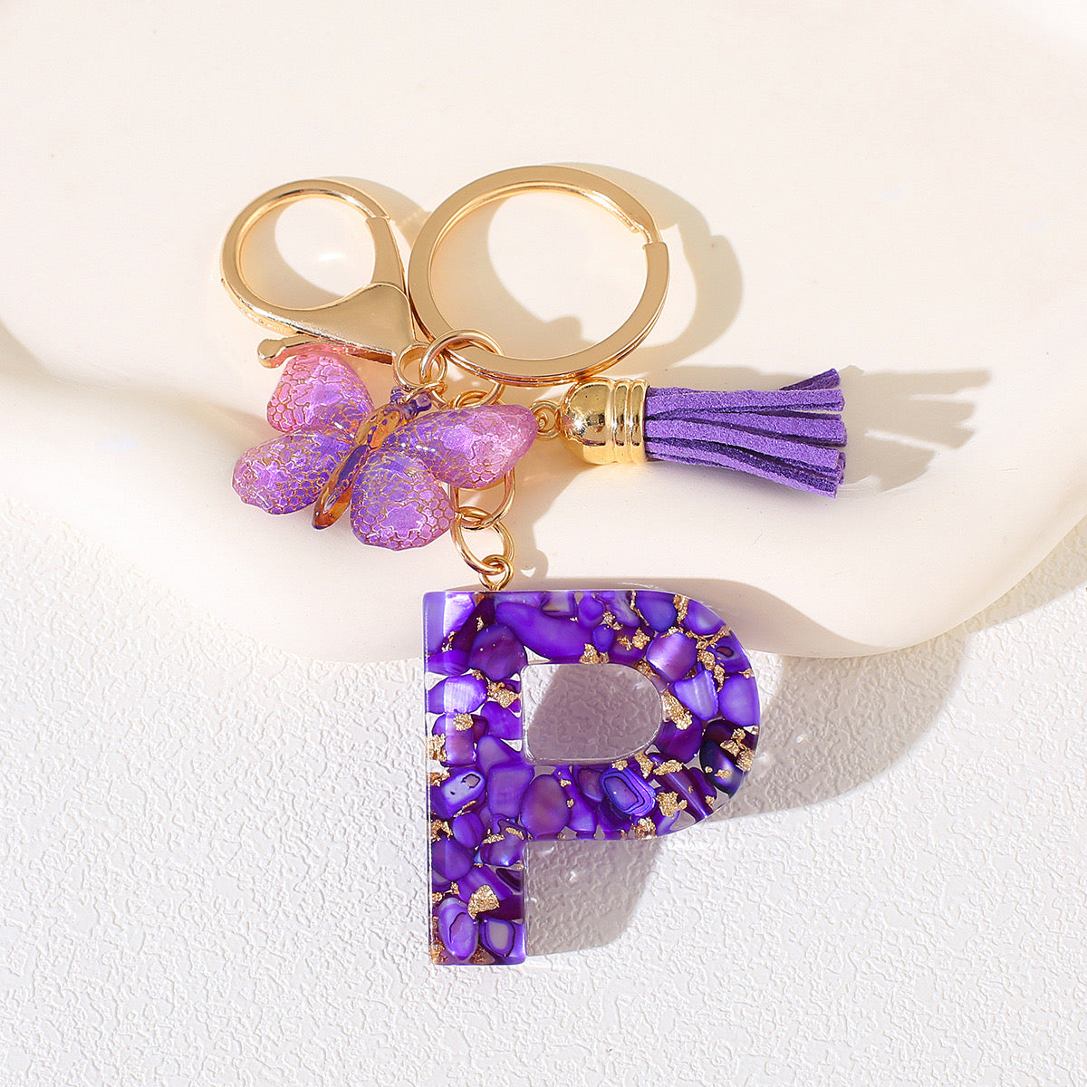 Glitter Letter Keychain – Purple Resin with Butterfly & Tassel