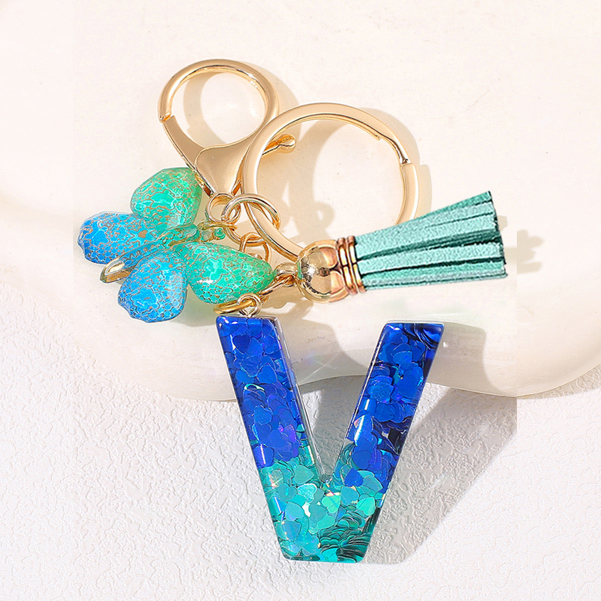 Glitter Resin Letter Keychain – Blue & Green Butterfly Charm