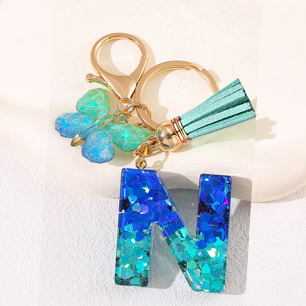Glitter Resin Letter Keychain – Blue & Green Butterfly Charm