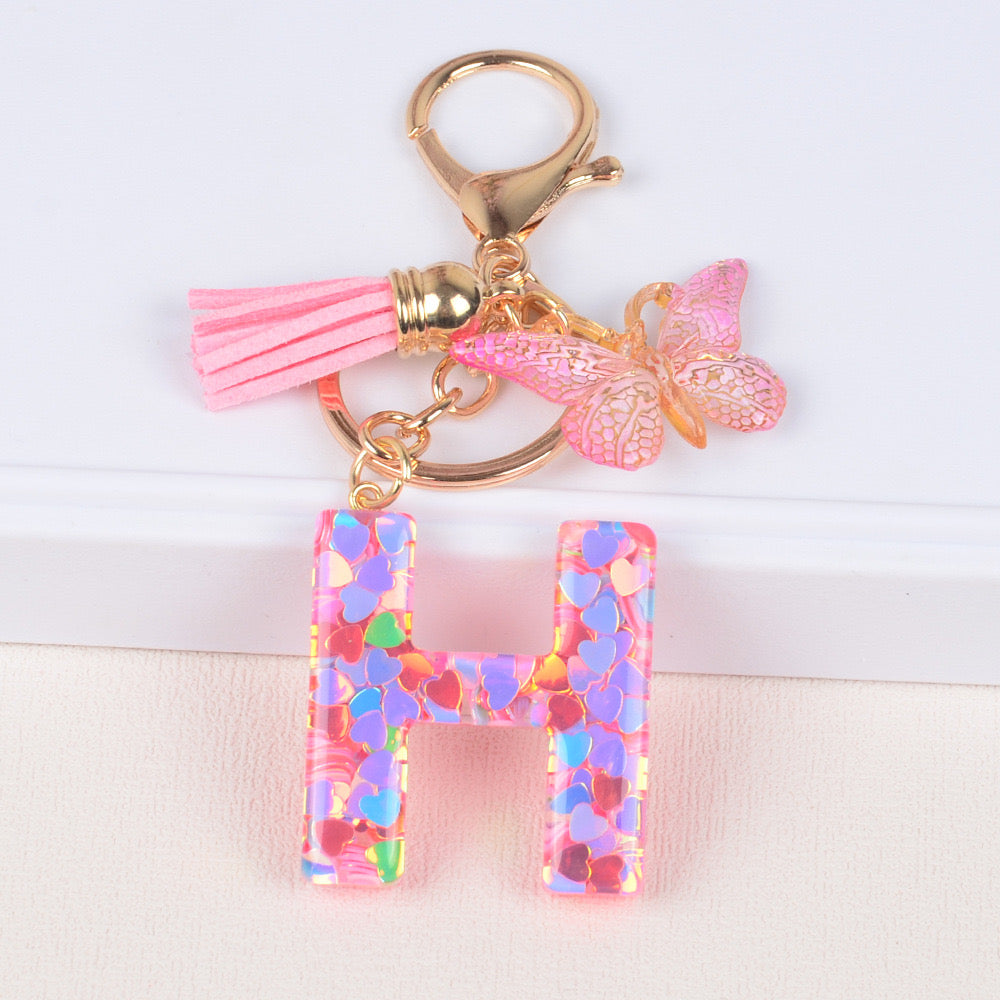 Pink Heart Glitter Resin Initial Keychain – Butterfly & Tassel Gift