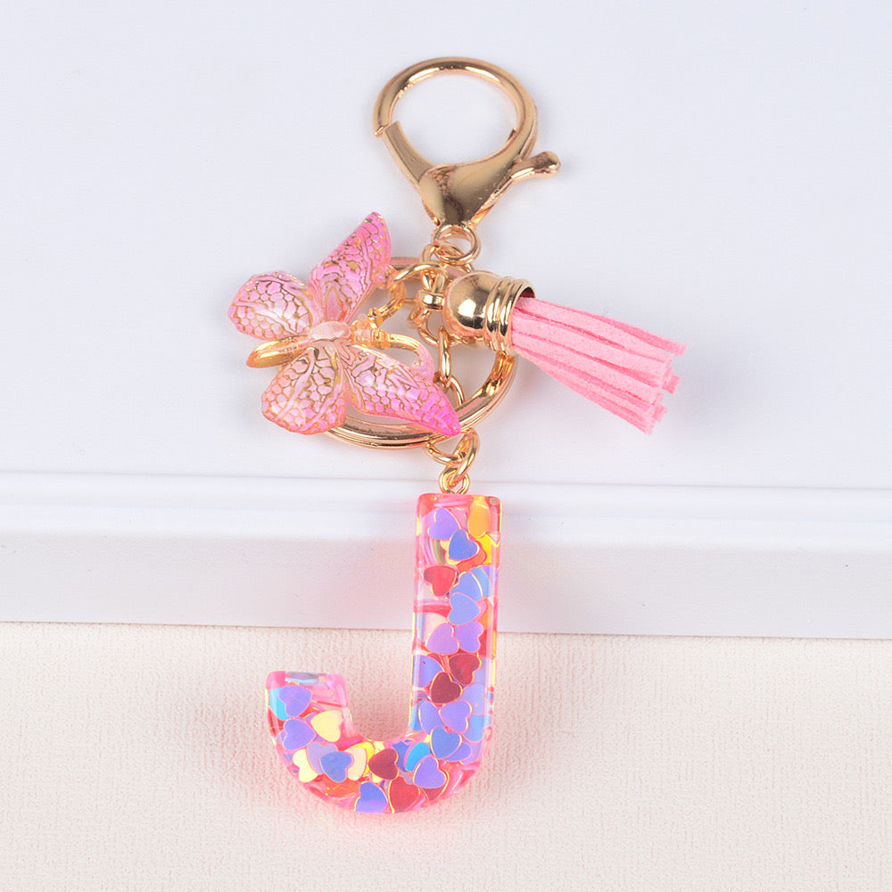 Pink Heart Glitter Resin Initial Keychain – Butterfly & Tassel Gift