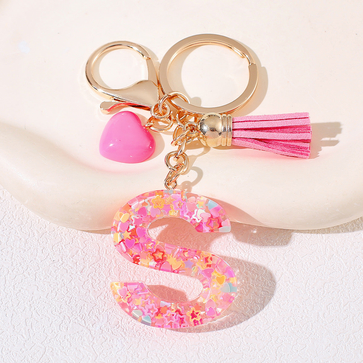 Pink Glitter Resin Initial Keychain – Heart & Tassel Charm