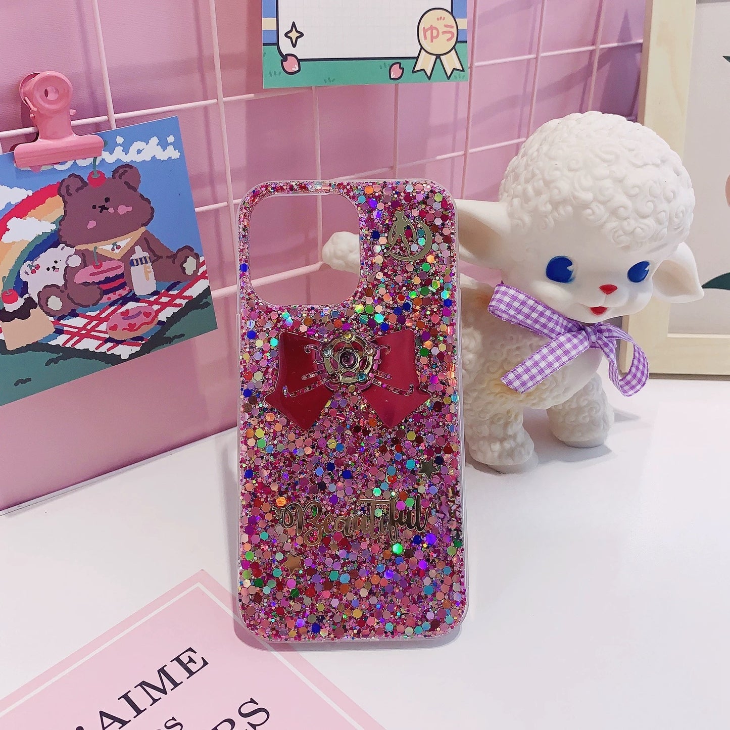 Handmade Sailor Moon Glitter Phone Case – Bow Charm & Sparkle Design