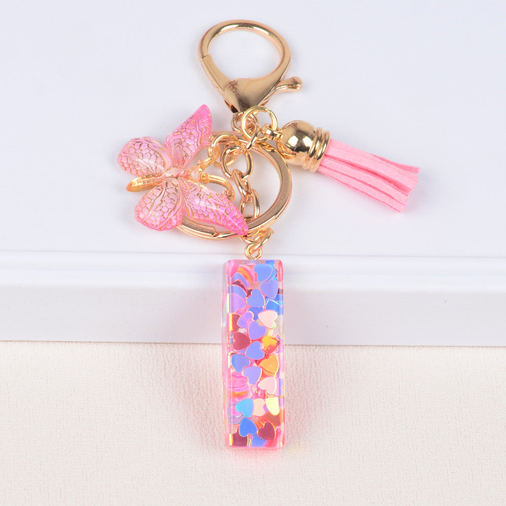 Pink Heart Glitter Resin Initial Keychain – Butterfly & Tassel Gift