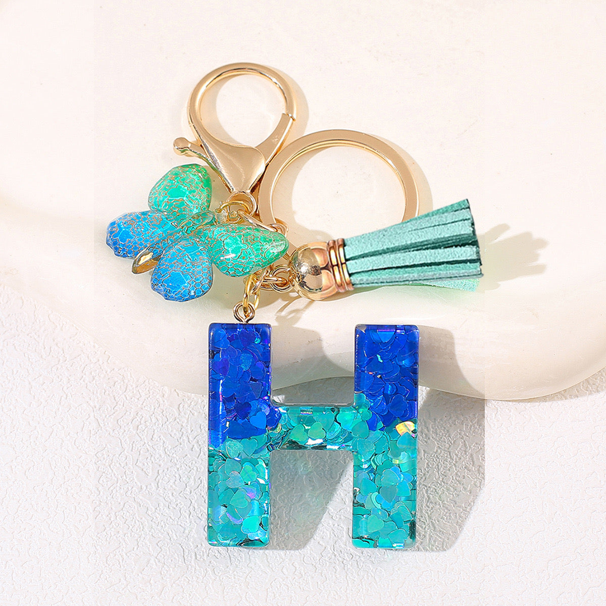 Glitter Resin Letter Keychain – Blue & Green Butterfly Charm
