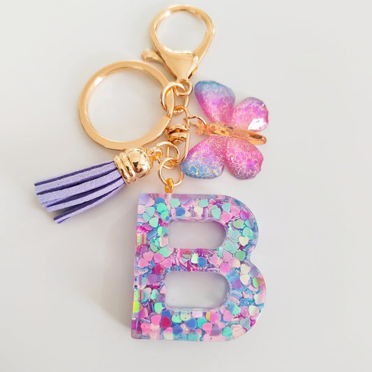 Glitter Resin Letter Keychain – Purple Tassel & Butterfly Charm V Boutique Studio