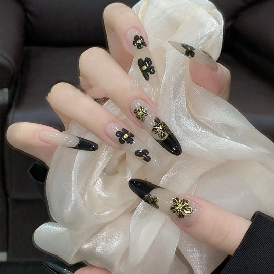 Midnight Gold Blossom Press-on Nails