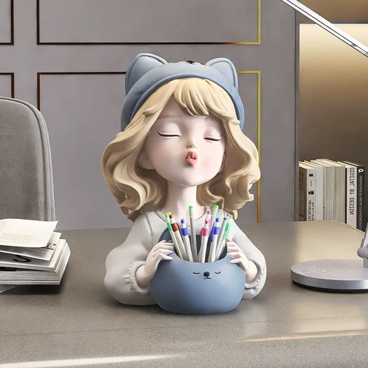 Cute Girl Pen Holder Desk Ornament