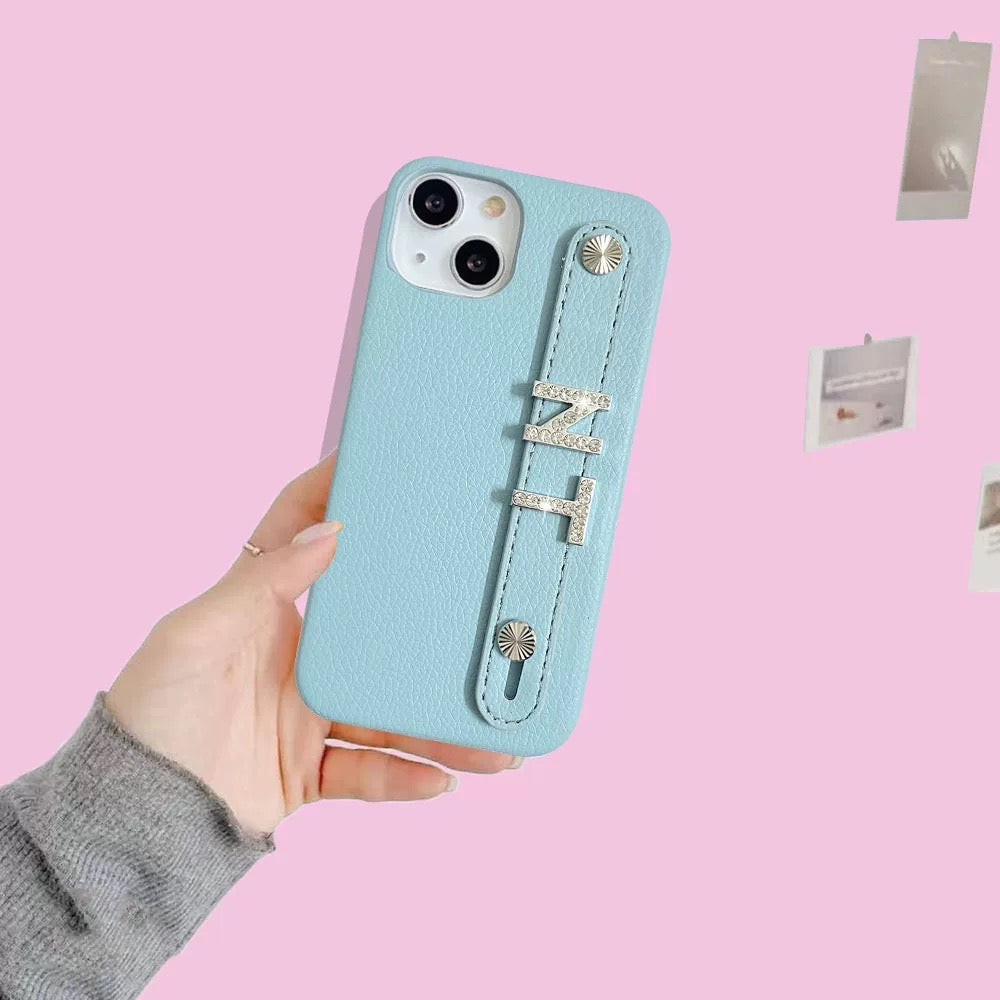 Custom Name Leather Phone Case – Rhinestone Letter Strap Design