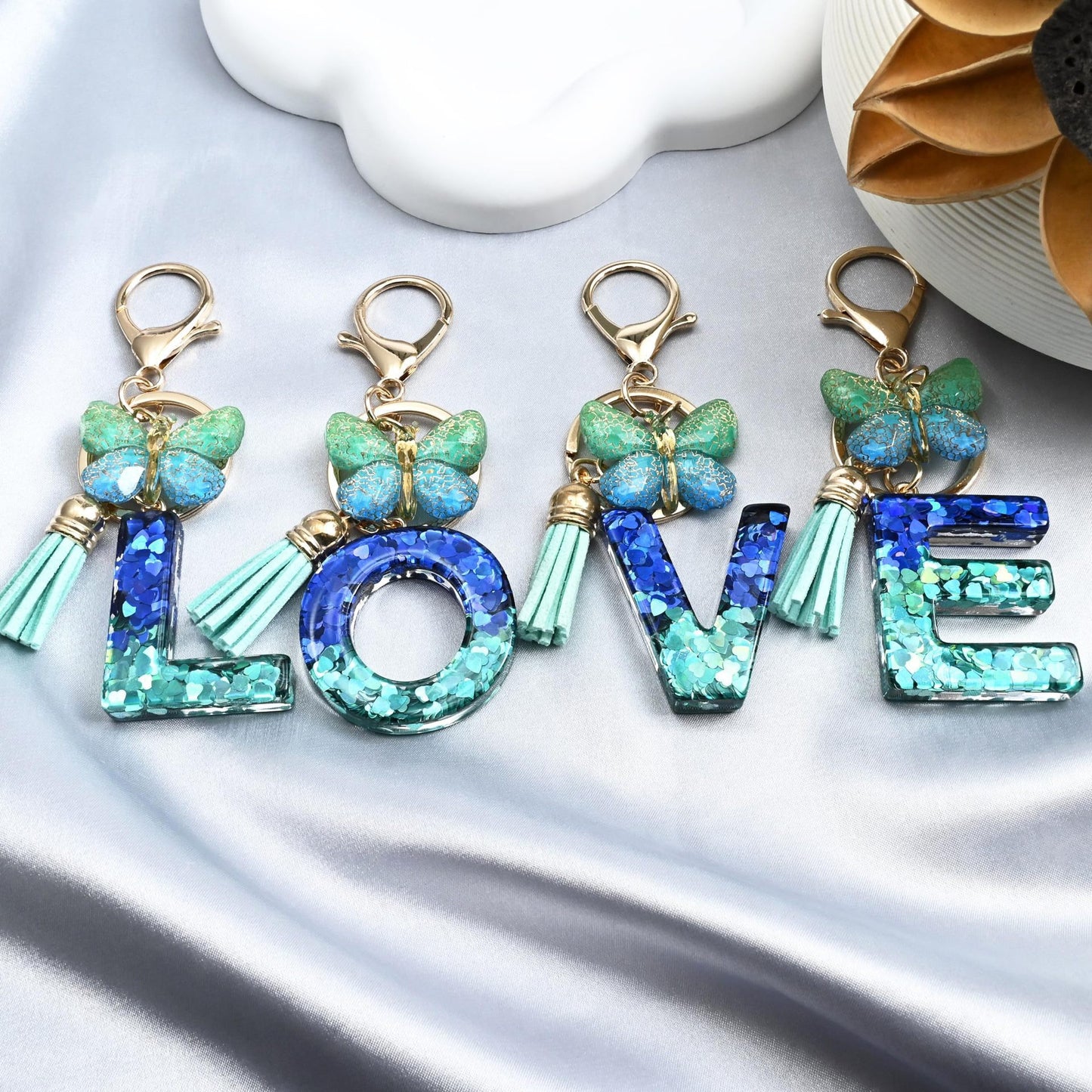 Blue-Green Resin Initial Keychain – Butterfly & Tassel Charm Gift