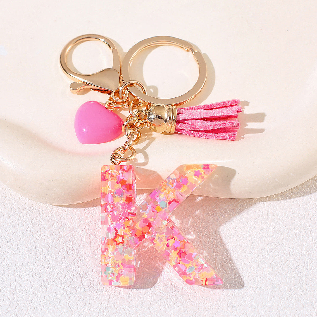 Pink Glitter Resin Initial Keychain – Heart & Tassel Charm