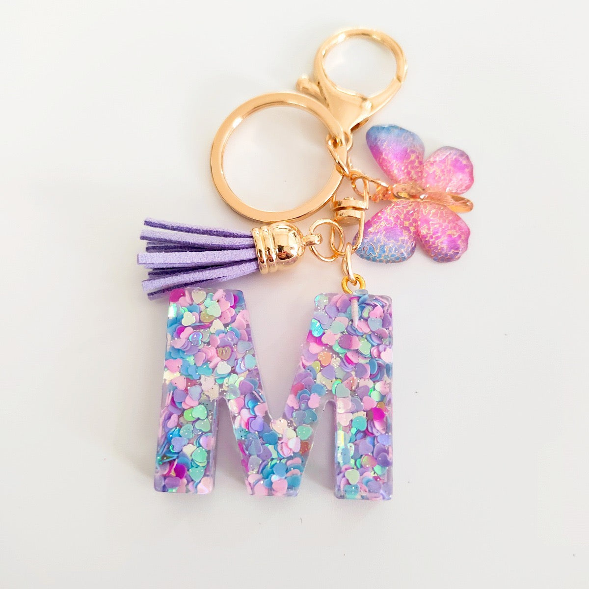 Glitter Resin Letter Keychain – Purple Tassel & Butterfly Charm
