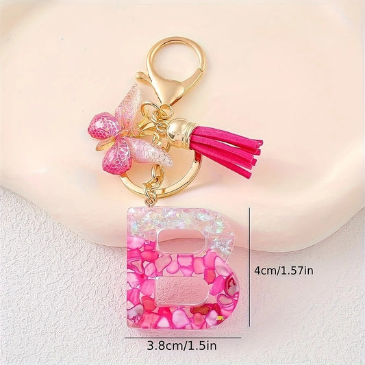 Hot Pink Glitter Resin Initial Keychain – Butterfly & Tassel Bag Charm
