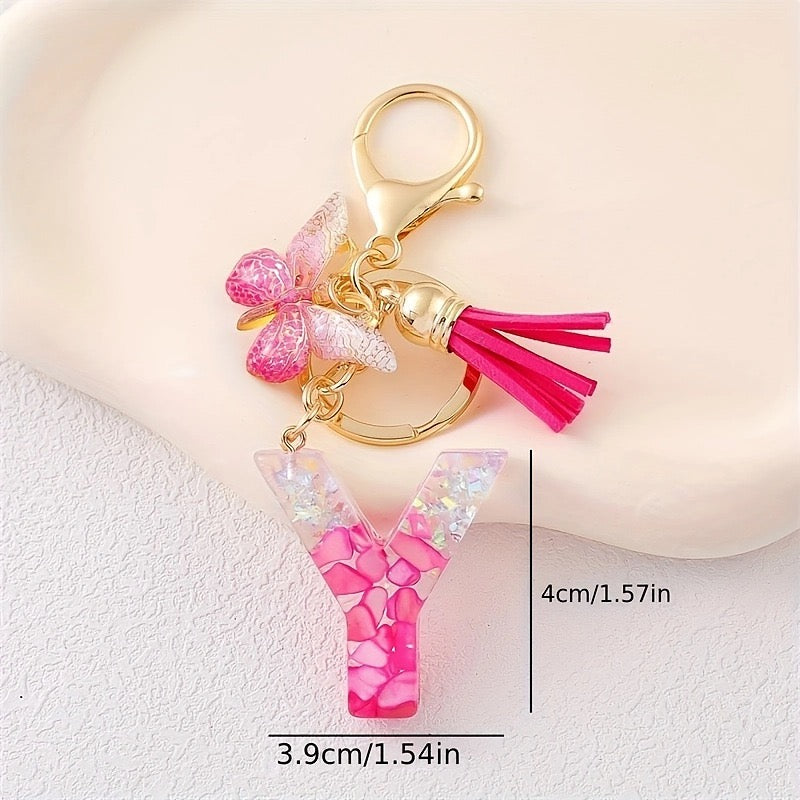 Hot Pink Glitter Resin Initial Keychain – Butterfly & Tassel Bag Charm
