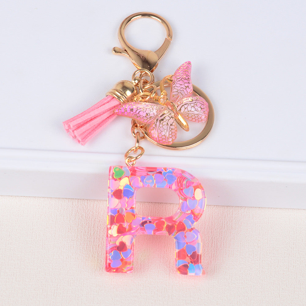 Pink Heart Glitter Resin Initial Keychain – Butterfly & Tassel Gift