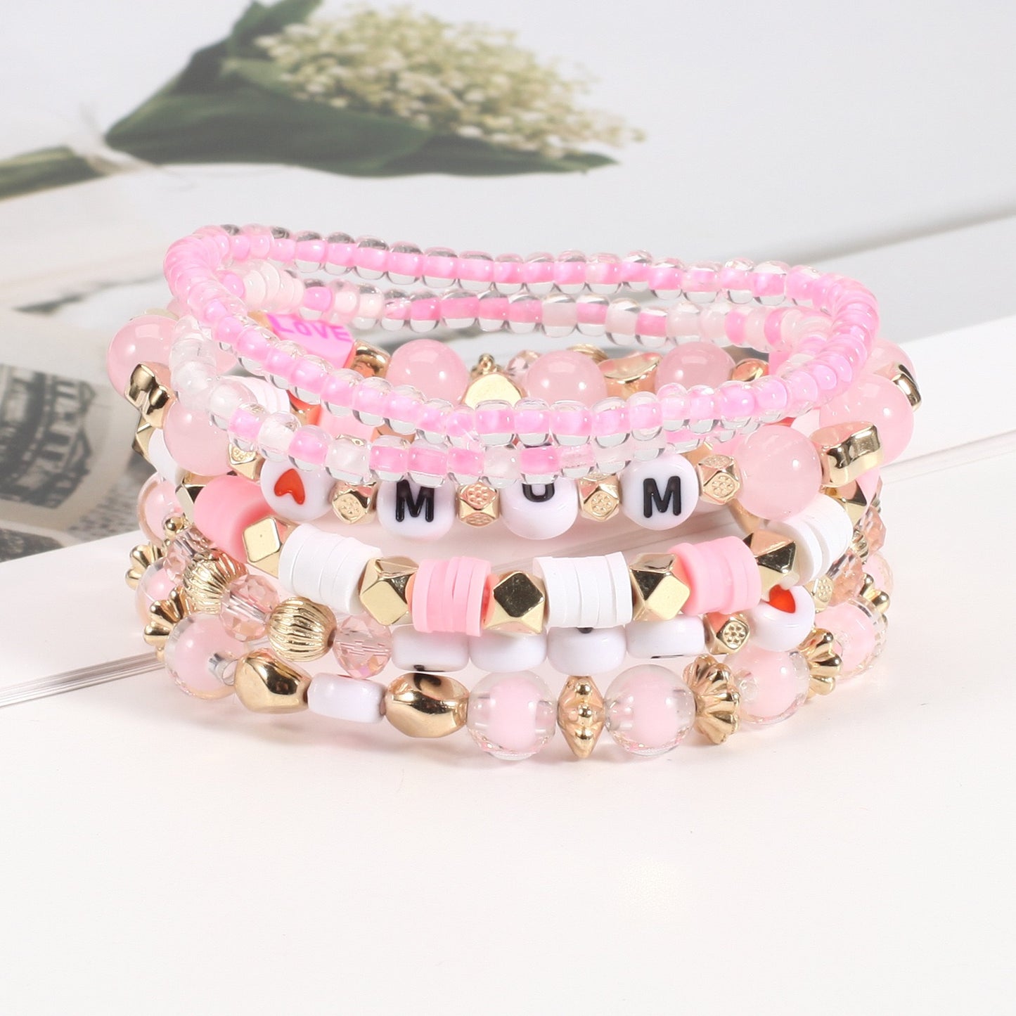Mother’s Day Bracelet Stack – Pink & Gold Beaded Jewelry for Mom