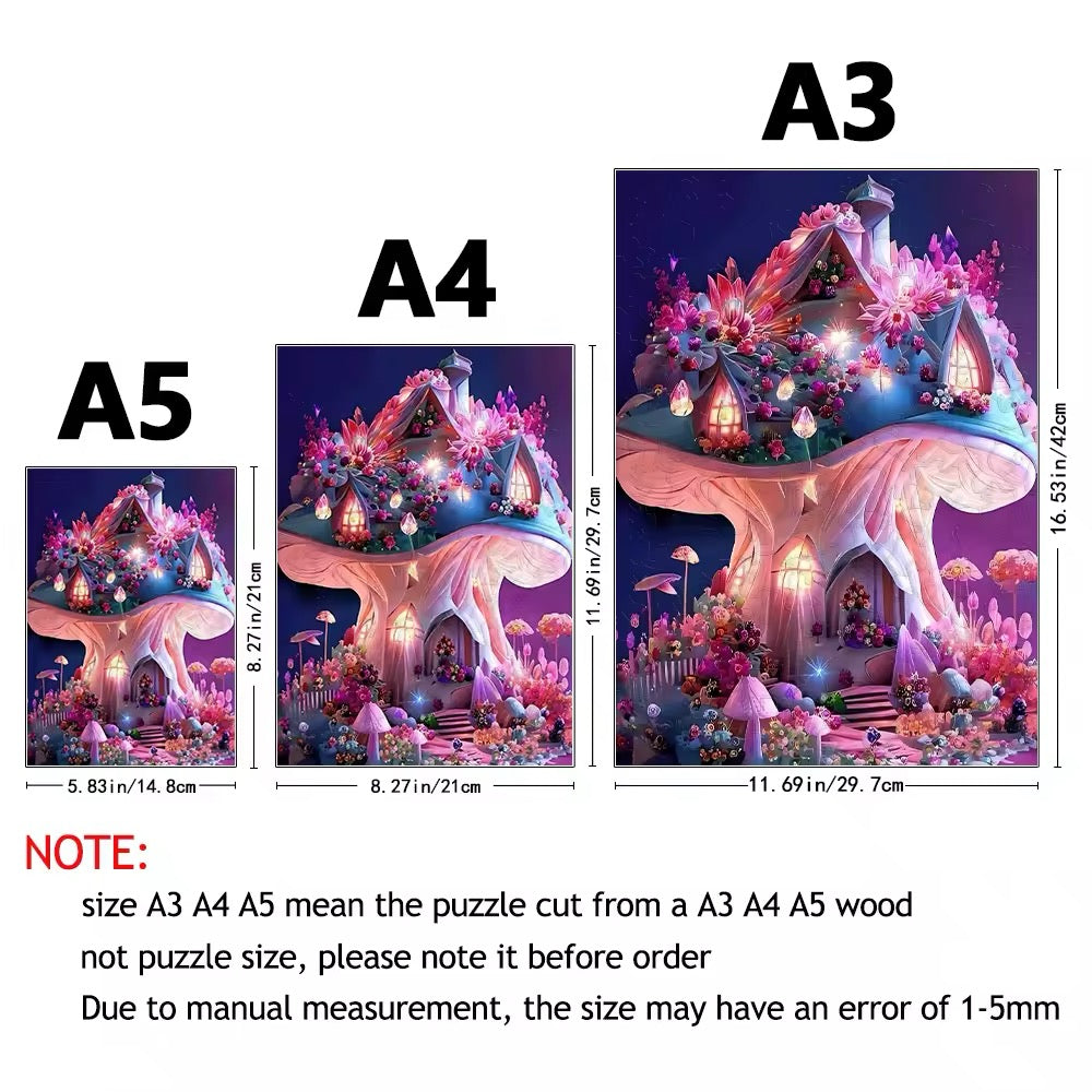 Mystical Mushroom Cottage Wooden Puzzle - Floral Fantasy Night, Perfect Gift V Boutique Studio