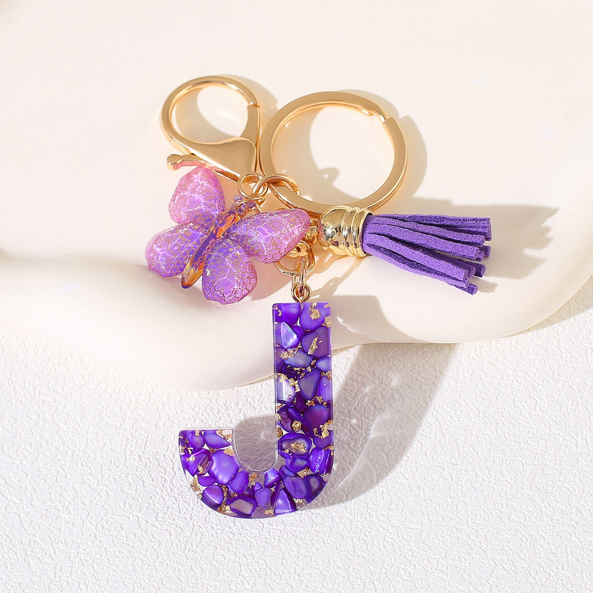 Glitter Letter Keychain – Purple Resin with Butterfly & Tassel