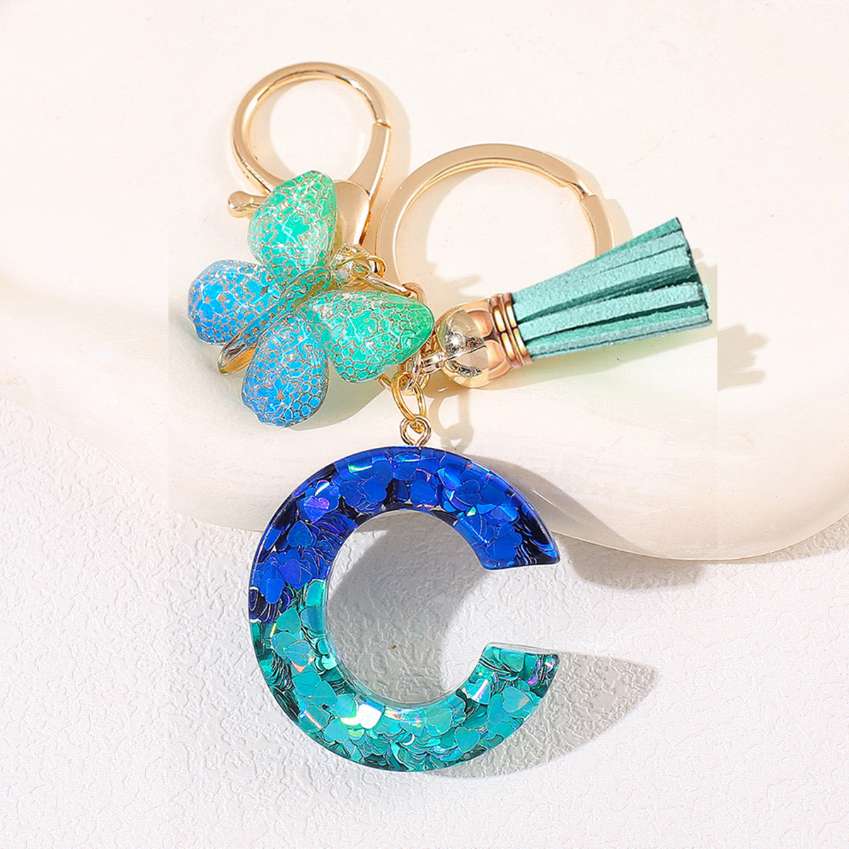 Glitter Resin Letter Keychain – Blue & Green Butterfly Charm