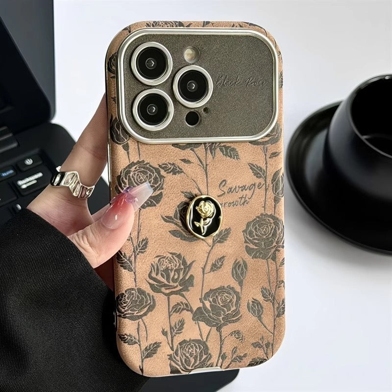 Black Rose Leather Phone Case