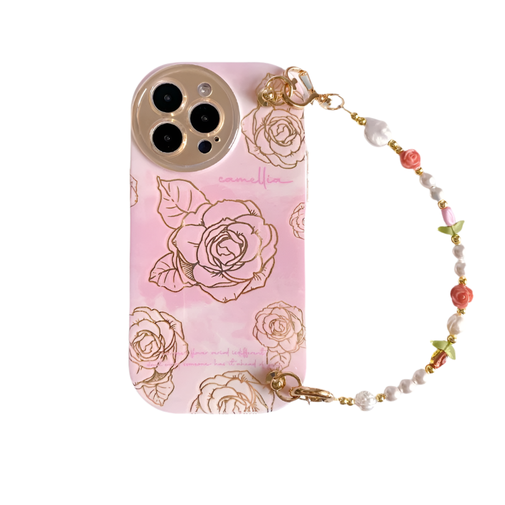 Pink Camellia iPhone Case with Beaded Strap – Elegant & Cute Gift Idea