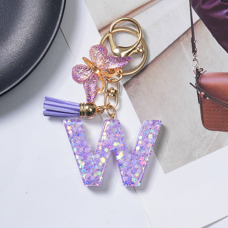 Purple Glitter Resin Initial Keychain – Butterfly & Tassel Charm Gift