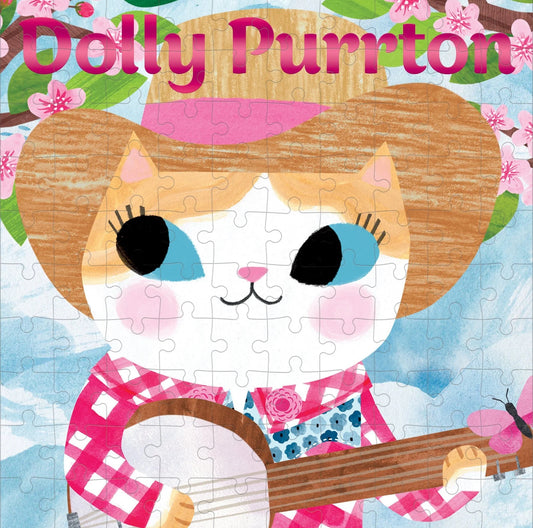 Dolly Purrton 100-piece puzzle by Mudpuppy featuring a cat dressed as a country music star with a banjo and cowboy hat.