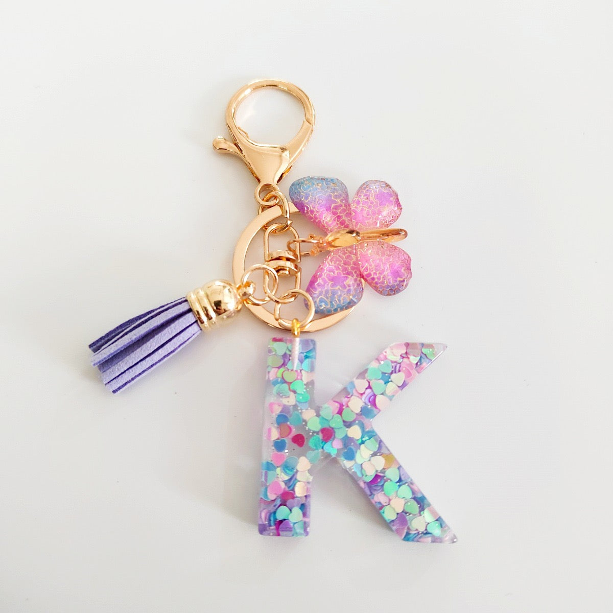 Glitter Resin Letter Keychain – Purple Tassel & Butterfly Charm