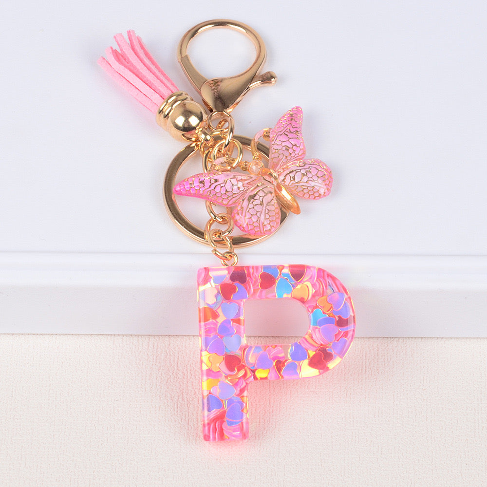 Pink Heart Glitter Resin Initial Keychain – Butterfly & Tassel Gift