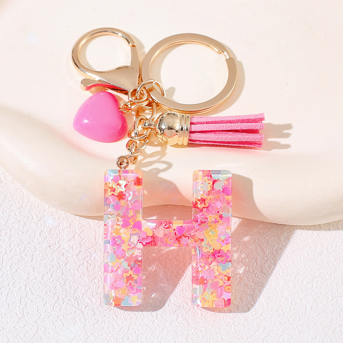Pink Glitter Resin Initial Keychain – Heart & Tassel Charm