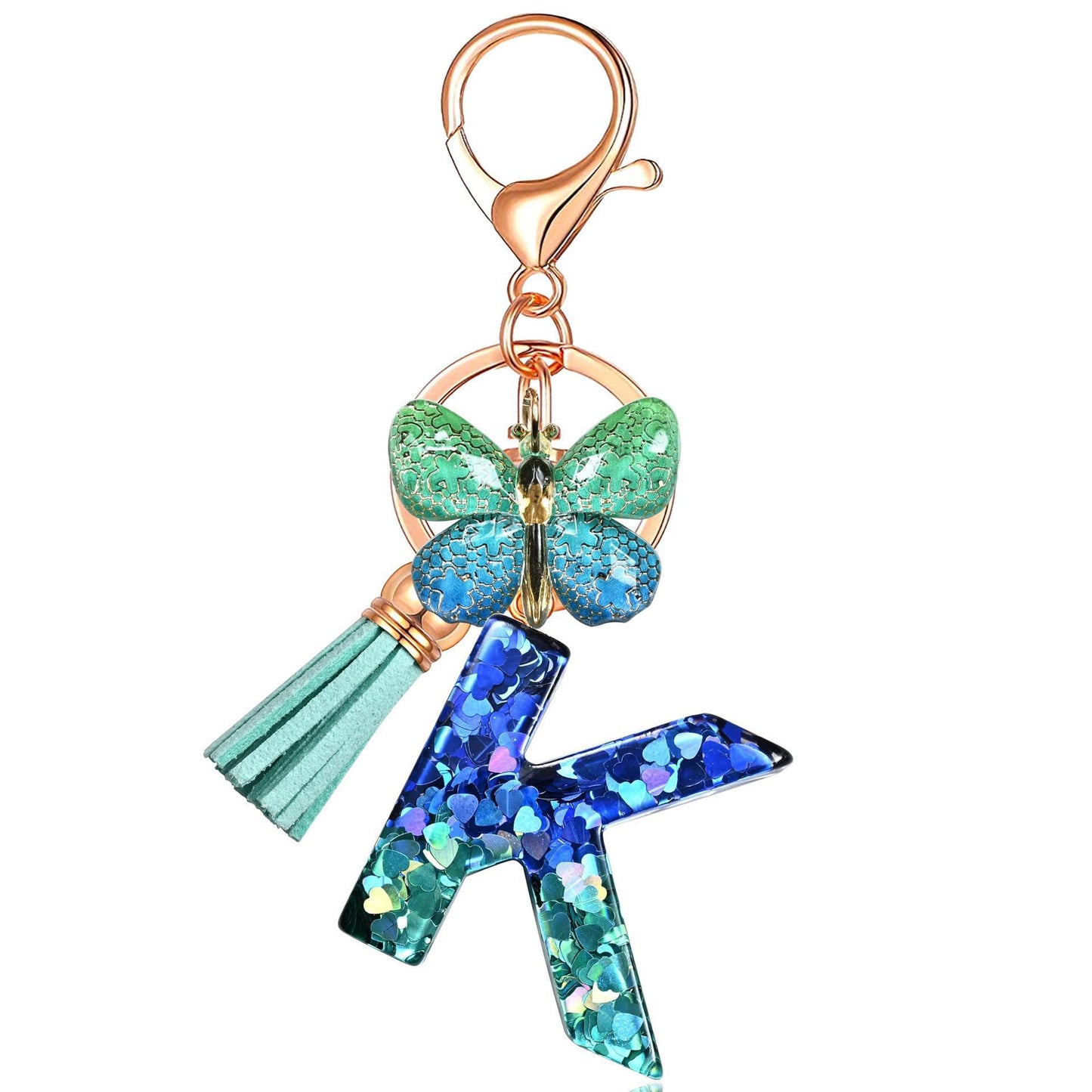 Blue-Green Resin Initial Keychain – Butterfly & Tassel Charm Gift